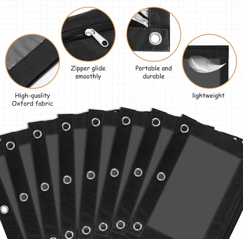 Miniatura 4 de IKAYAS Paquete de 5 bolsas negras para lápices de 3 anillos con cremallera a granel, 3 bolsas de lápices para carpetas de anillos, estuche