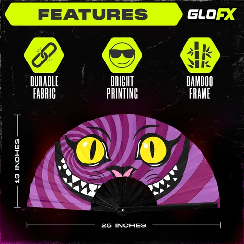 Miniatura 4 de GloFX Abanico de mano grande - Abanico de gato Cheshire de Alicia en el País de las Maravillas - Abanicos plegables de bambú para accesorios de rave