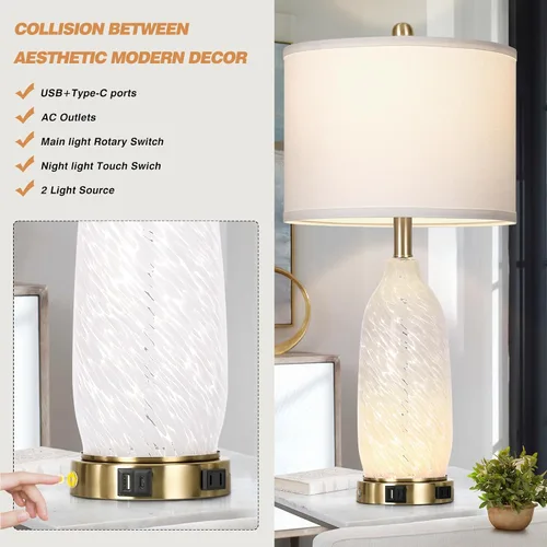 Miniatura 3 de Rinweey 26" Modern Clear Glass Table Lamp Nightstand Lamp with USB A+C Ports & AC Outlet,Bedside Lamps with 3-Way Dimmable Touch Control Night Light