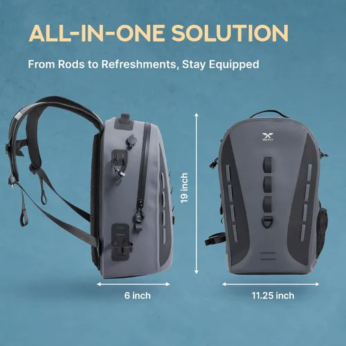 Miniatura 5 de Xelfly Mochila de pesca impermeable G2 con soporte para caña, válvula de aire inflable, correas acolchadas para la cintura y bucles para engranajes