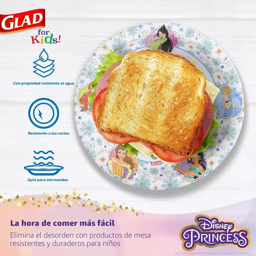 Miniatura 3 de Glad para Niños Platos de Papel Desechables de Princesas Disney, Marcos Florales - Resistente, A Prueba de Absorción, Apto para Microondas, Platos