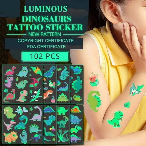 Miniatura 3 de Tatuajes temporales luminosos, 102 piezas de tatuajes de dibujos animados de dinosaurios que brillan en la oscuridad, tatuajes falsos impermeables