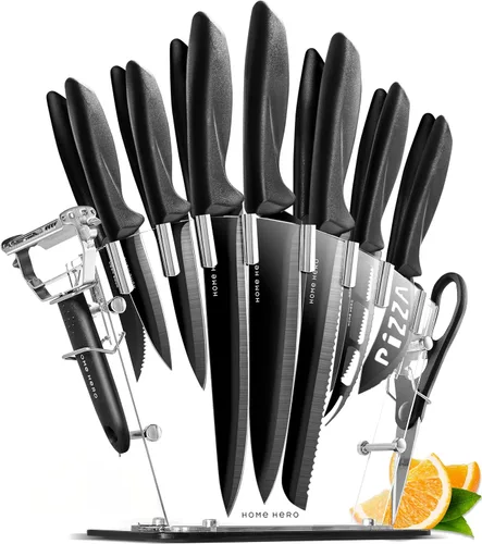 Home Hero Juego de cuchillos de cocina, organizador de bloques de cuchillos de madera, cuchillas de acero inoxidable de alto carbono, asas