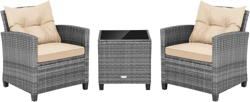 Miniatura 10 de RELAX4LIFE Juego de muebles de patio de 3 piezas, juego de conversación de mimbre con 2 sillones acolchados y mesa con tapa de cristal, juego