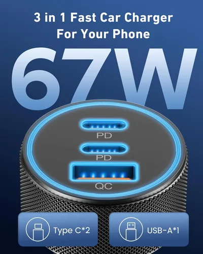Miniatura 2 de Cargador de coche tipo C súper rápido de 67 W y 3 puertos USB C para Samsung Galaxy S25 S24 S23 S22 S21 Ultra, iPhone 17/Air/16/15 Pro Max, Android