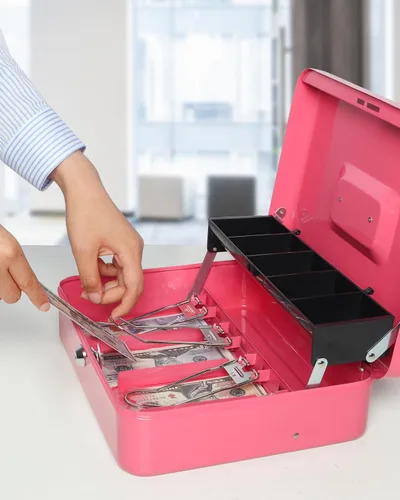 Miniatura 5 de Caja de dinero grande con bandeja de dinero y cerradura, caja de dinero de metal para efectivo, caja de seguridad de 11.8 x 9.5 x 3.54 pulgadas, rosa