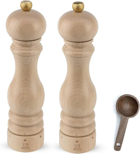 Peugeot Paris u'Select - Juego de molinillo manual de 6 ajustes de madera de haya con cuchara de especias de madera, fabricado en Francia (natural,