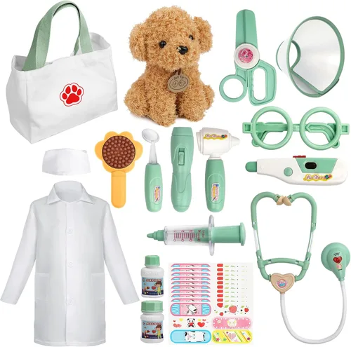 Liberry Kit de médico para niños pequeños de 3, 4, 5, 6 años, 26 piezas con juguete para perro, estetoscopio y disfraz de disfraz, regalo médico
