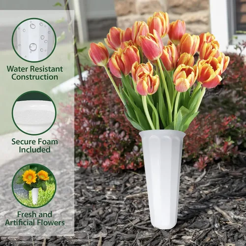 Miniatura 6 de Jarrones florales conmemorativos con espuma incluida, (blanco, paquete de 2) Jarrones para exteriores en el suelo con estacas, para flores frescas