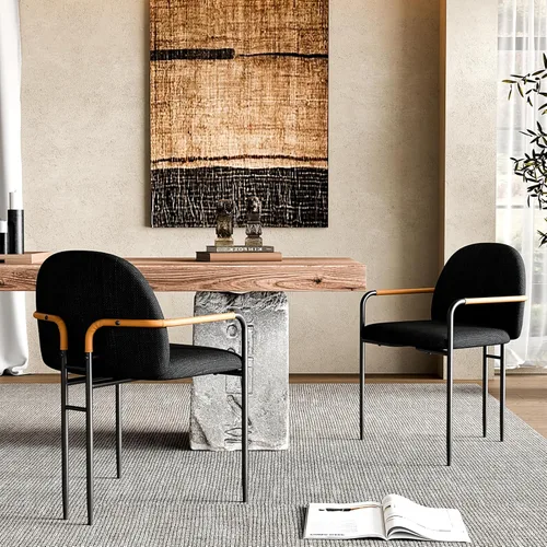 Miniatura 3 de Silla de comedor moderna de tela negra de lino con respaldo curvo, patas de metal y reposabrazos de cuero, sillón moderno de mediados de siglo