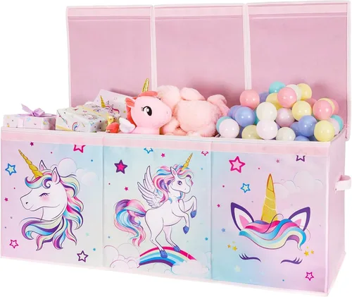 WERNNSAI Cofre de juguetes extra grande – Caja de juguetes de unicornio organizadora de pecho con tapa abatible, contenedor de almacenamiento