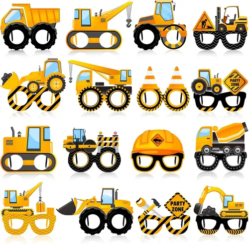 Funrous 32 lentes de fiesta temática de construcción, camiones volquetes, gafas de cartón, excavadora de ingeniería, accesorios para cabina de