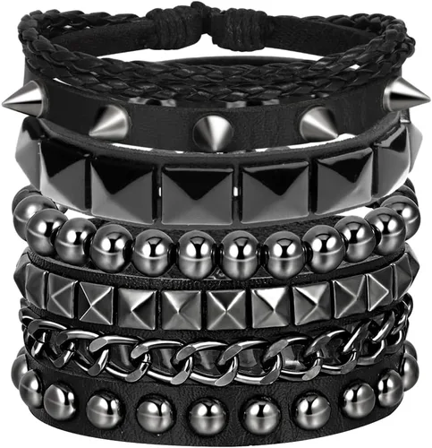 Miniatura 21 de Eigso Pulseras de cuero punk rock para hombres y mujeres, estilo retro, vintage, cadena de los años 80, para hombre y mujer