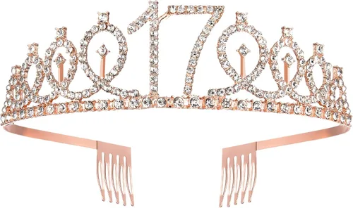 Miniatura 3 de BRT Bearingshui Faja y corona de tiara de oro rosa para cumpleaños número 17, regalo para niñas, suministros de recuerdo de fiesta de cumpleaños