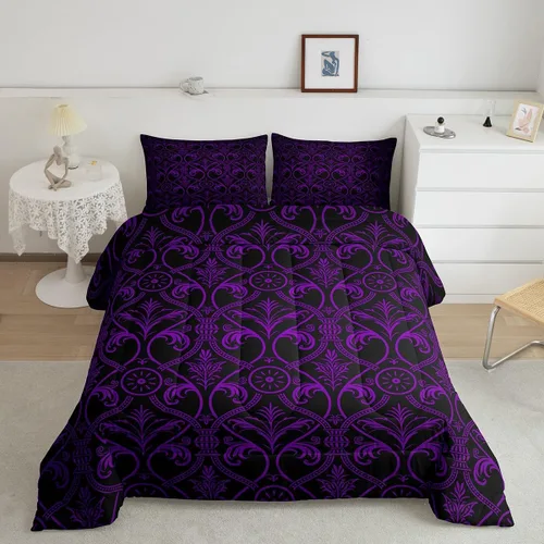 Miniatura 2 de Erosebridal Juego de edredón floral de color morado y negro degradado para niñas y mujeres, tamaño Queen, juego de ropa de cama gótico barroco
