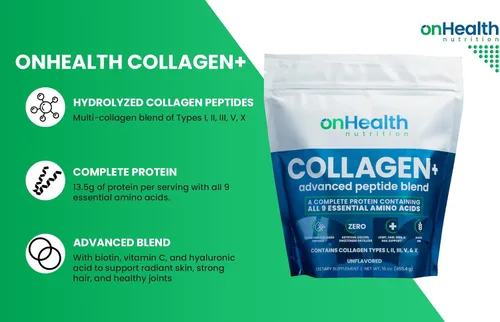 Miniatura 3 de onHealth - Polvo de péptidos multicolágeno tipo I, II, III, V y X proteína completa con los 9 aminoácidos esenciales, biotina, ácido hialurónico