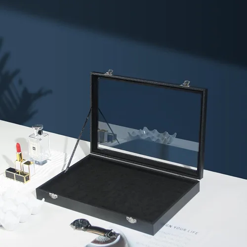 Miniatura 8 de Coward Joyero organizador de anillos, caja de terciopelo negro con 100 ranuras para anillo, bandeja de exhibición con tapa de vidrio transparente