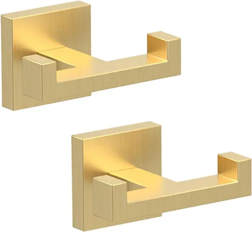 BOZWELL Ganchos dobles para toallas para baño, montaje en pared dorado cepillado, paquete de 2 ganchos modernos de estilo cuadrado para bata, Oro