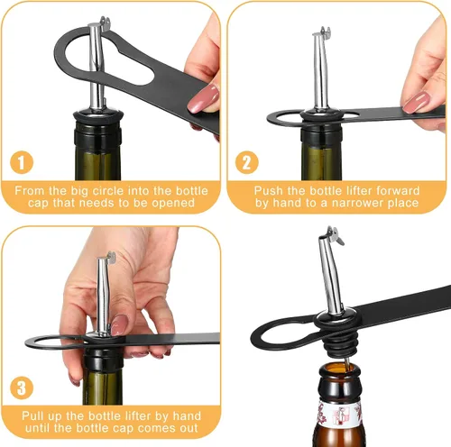 Miniatura 4 de Paquete de 2 abrebotellas y removedor de boquilla de vertido, barra de metal plana, abridor de llaves de velocidad de acero inoxidable, abrebotellas