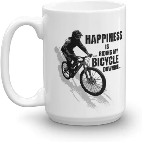 Happiness Is Riding My Bicycle Downhill - Taza de café y té para un ciclista de montaña y regalos para hombres y mujeres ciclistas (15 onzas)