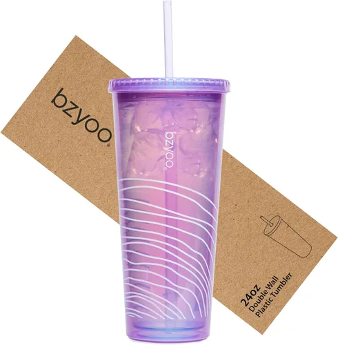 bzyoo SIP - Vaso de plástico de doble pared de 24 onzas (710ml) con tapa y pajita, taza de viaje para bebidas frías reutilizable, café helado, taza