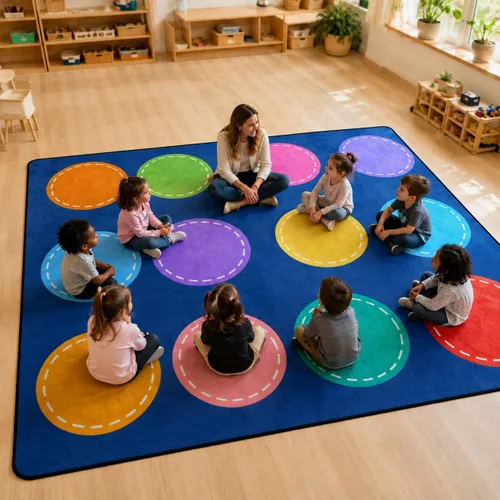 Miniatura 3 de Alfombras de juego para aula, alfombra de 5 x 7 pies para niños con parte trasera de goma, círculo colorido sobre fondo azul, alfombra de juego