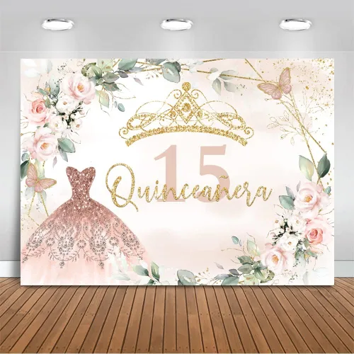 Mocsicka Telón de fondo de cumpleaños de quinceañera para decoración de fiesta de cumpleaños de 15 años, decoración de fondo de fotografía rosa y