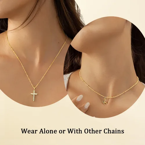 Miniatura 3 de Delicados collares de cruz para mujer, chapado en oro de 14 quilates, cadena en capas con dije de inicial, circonita cúbica, cruz de fe cristiana