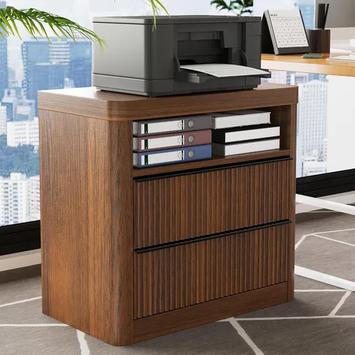 Miniatura 8 de Juego de 2 mesitas de noche acanaladas con cajón, mesita de noche grande y moderna con puerto USB y tomacorriente, mesita de noche de mediados