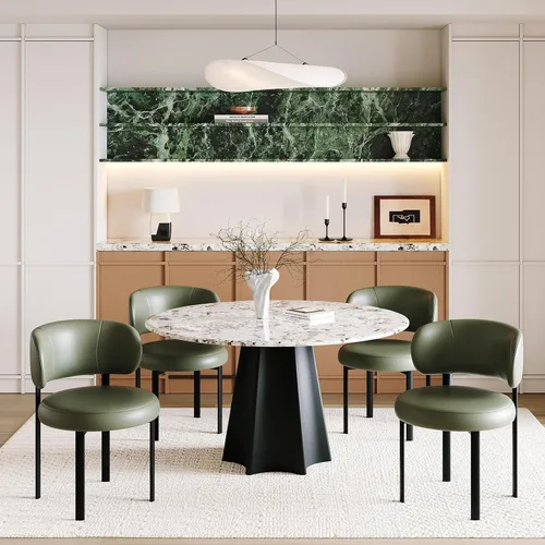 Miniatura 11 de Juego de 2 sillas de comedor beige de cuero con patas de metal, soporte de resorte y respaldo curvado, silla redonda de comedor de cocina