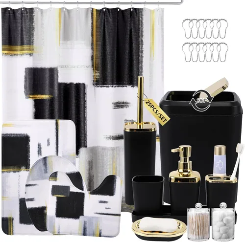 XLHOMO Juego de baño – Juego de accesorios de baño negro, juegos de baño con cortina de ducha y alfombras, juego de cortina de ducha negra con