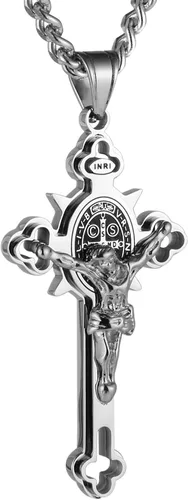 HZMAN Religión Acero Inoxidable Saint St. Benedict Crucifijo Cruz Colgante Collar INRI