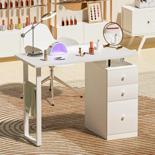Miniatura 2 de Mesa de manicura, mesa de uñas, estación de mesa de uñas, resistente a acetona, cojín de muñeca, 3 cajones y 2 gabinetes