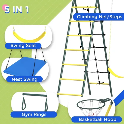Miniatura 4 de Outsunny Juego de columpios de 440 libras para patio trasero, soporte 5 en 1 resistente con marco en A, juego al aire libre para niños, con columpio