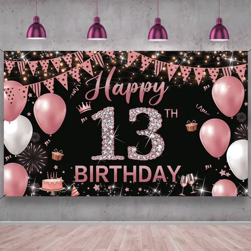 Cartel de fondo de decoración de cumpleaños número 13, decoración de feliz cumpleaños número 13 para niñas, fondo de fotografía de cumpleaños de oro
