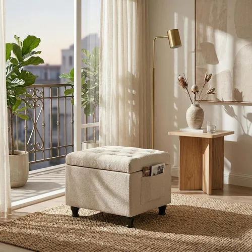 Miniatura 7 de Otomana rectangular de 24 pulgadas, color beige con almacenamiento para sala de estar Upholstered Fabric Shoe Bench and Footrest with Safety Hinge