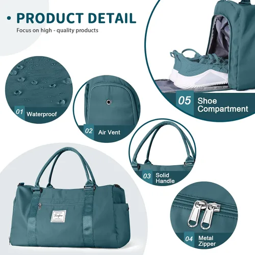 Miniatura 4 de Bolsa de gimnasio para mujeres y hombres bolsa de viaje deportiva con compartimento para zapatos y bolsillo húmedo A-pavo real-azul