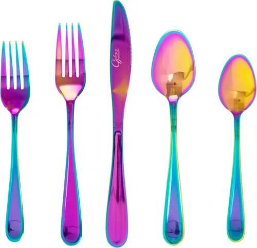 Gibson Home Ravidia Rainbow - Juego de cubiertos de calibre pesado, 20 piezas, utensilios coloridos de acero inoxidable, juego de vajilla para 4