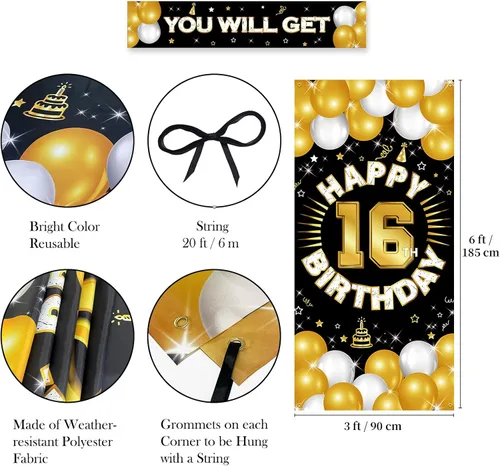 Miniatura 4 de Decoraciones de feliz cumpleaños número 16 para niños y niñas, pancarta de tela para cumpleaños de 16 años, suministros de fiesta de dieciséis años