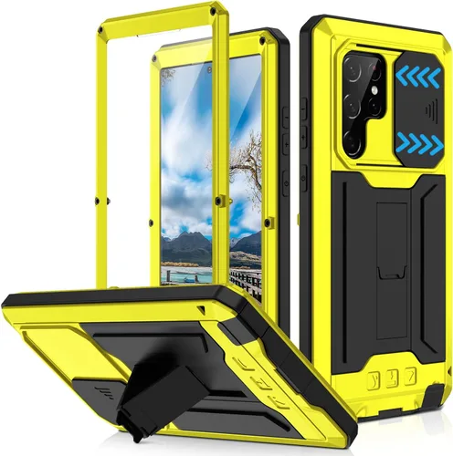 Miniatura 20 de Funda de metal compatible con Samsung Galaxy S22, resistente al polvo, de grado militar, con cubierta deslizante para cámara y soporte plegable