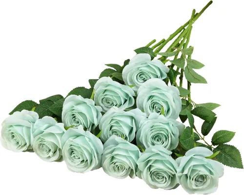 Miniatura 28 de 12 piezas Rosas Flores Artificiales Rosas Falsas Azul Bebé Rosas de Seda Flores de Seda Blancas Rosas con Tallos Largos para Bodas Hogar Fiestas