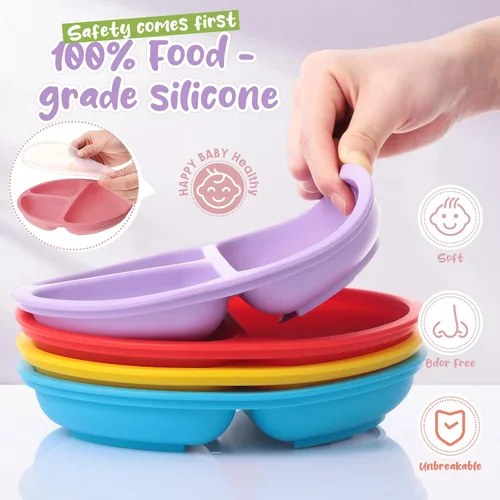 Miniatura 3 de Meanplan Paquete de 6 placas de succión para niños pequeños con tapas, juego de platos de silicona de grado alimenticio, diseño dividido, apto