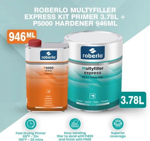 Miniatura 2 de Roberlo Multyfiller Express - Relleno de imprimación acrílica gris claro para reparación de automóviles, secado rápido, se adhiere al relleno