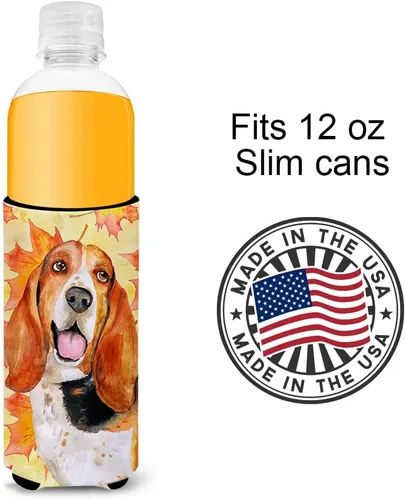Miniatura 4 de Caroline's Treasures BB9965MUK Basset Hound Fall Ultra Hugger para latas delgadas, funda amarilla para enfriar latas, abrazador lavable a máquina