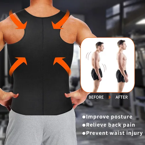 Miniatura 4 de MISS MOLY Chaleco de entrenamiento de cintura de sauna para hombre, chaleco para sudar con cinturón recortador, camiseta sin mangas de Negro