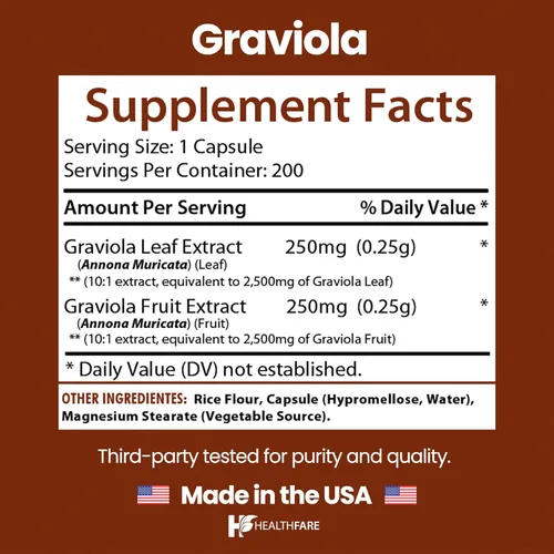 Miniatura 3 de Healthfare Graviola - Extracto de guanábana de 5000 mg Annona Muricata 200 cápsulas veganas Mezcla de hojas y frutas de alta potencia Sin