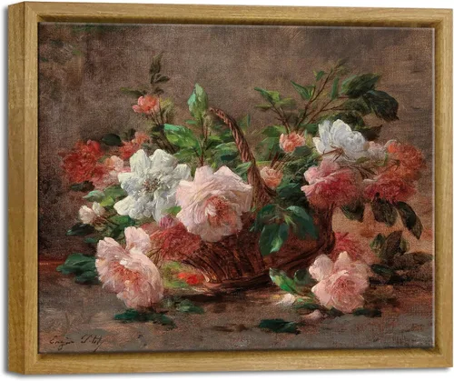 Pyradecor Decoración de pared vintage con marco retro, lienzo decorativo para pared, cesta con rosas, pintura floral clásica para sala de estar,