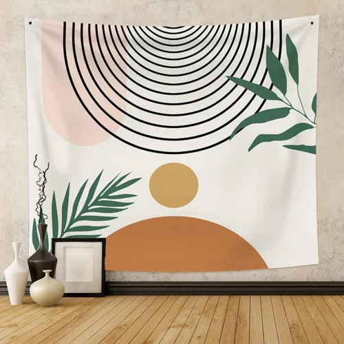 Miniatura 4 de Tapiz bohemio de mediados de siglo, moderno abstracto geométrico, tapiz con diseño de arco de sol, hojas verdes, tapices para colgar en la pared, 59