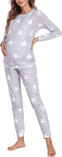 Miniatura 2 de Ekouaer Conjunto de ropa interior térmica de maternidad y lactancia, conjunto de pantalones largos de punto a rayas, capa base superior e inferior