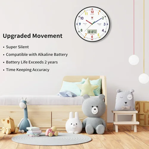 Miniatura 3 de Foxtop Reloj de Aprendizaje Digital y Analógico para Niños - Reloj de Enseñanza para Decir la Hora de 12 Pulgadas Silencioso Sin Tictac Operado